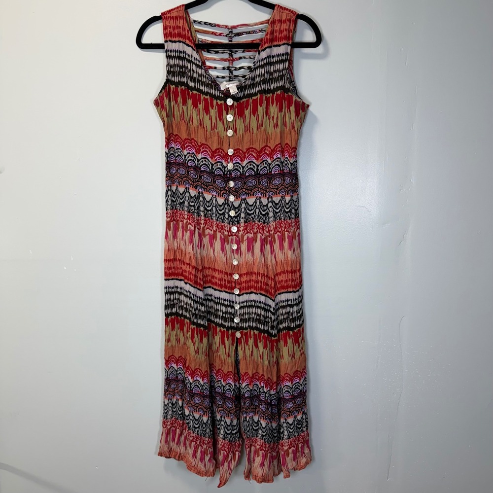 Dressbarn 90s Y2K Tribal Ikat Print Button Front Cage Back Midi Dress Red Size 8